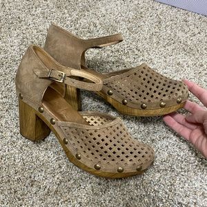 Eric Michael Tan Suede Mules with Wooden Heel